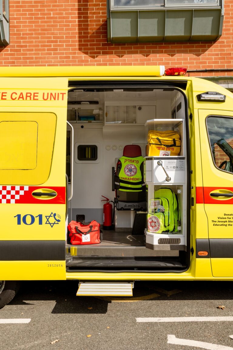 Looking into the ambulance through the side door